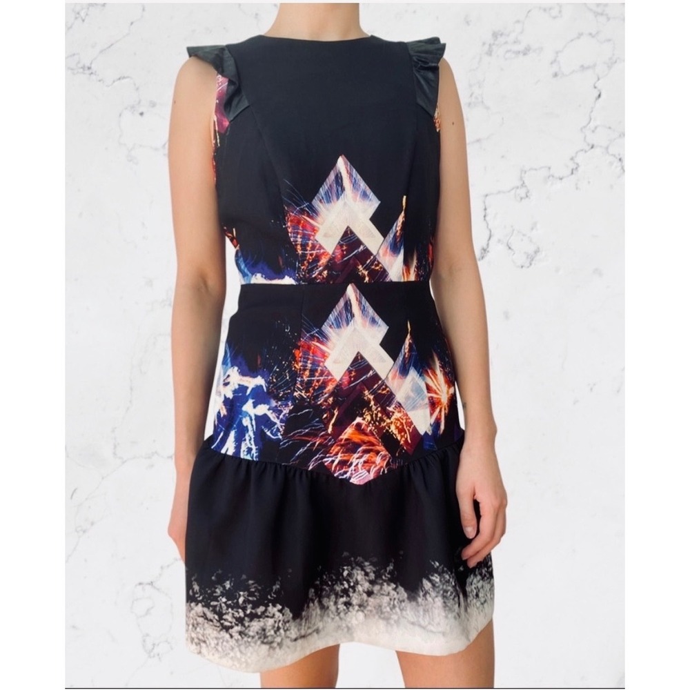 Sandro Paris Fireworks Print Ruffle Mini Dress Black Size 1 Small